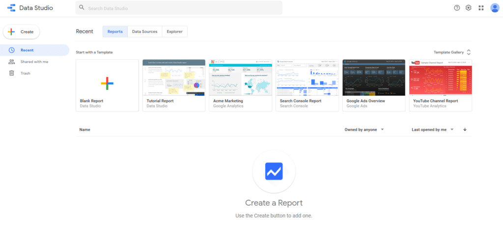 Data Studio main overview containing all recent and shared reports