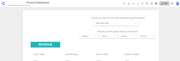 Basic example of Data Studio report showing report title, menu options